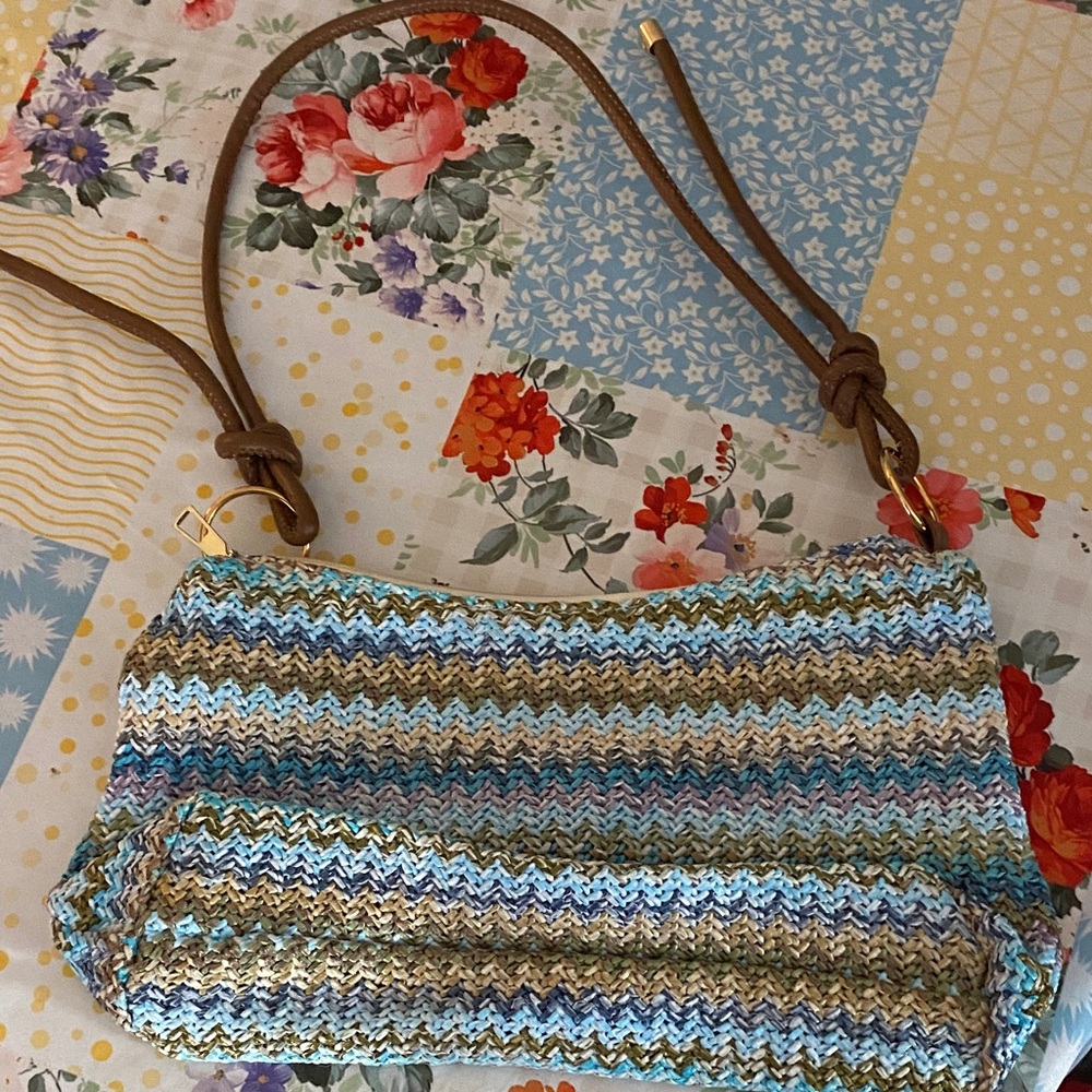 Handwoven Multicolor Straw Crossbody Bag with Tan Strap